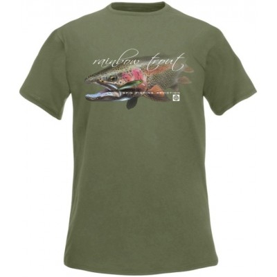 T-Shirt  Flotsam Rainbow Trout Spin Fishing Addiction - Olivová