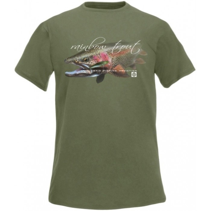 T-Shirt  Flotsam Rainbow Trout Spin Fishing Addiction - Olivová